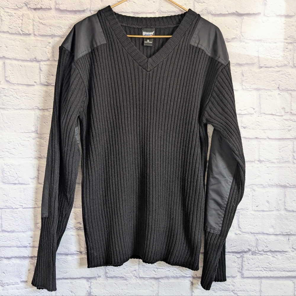 Blauer V Neck Commando Style Police Sweater XL Black Patches Rib Knit Pullover